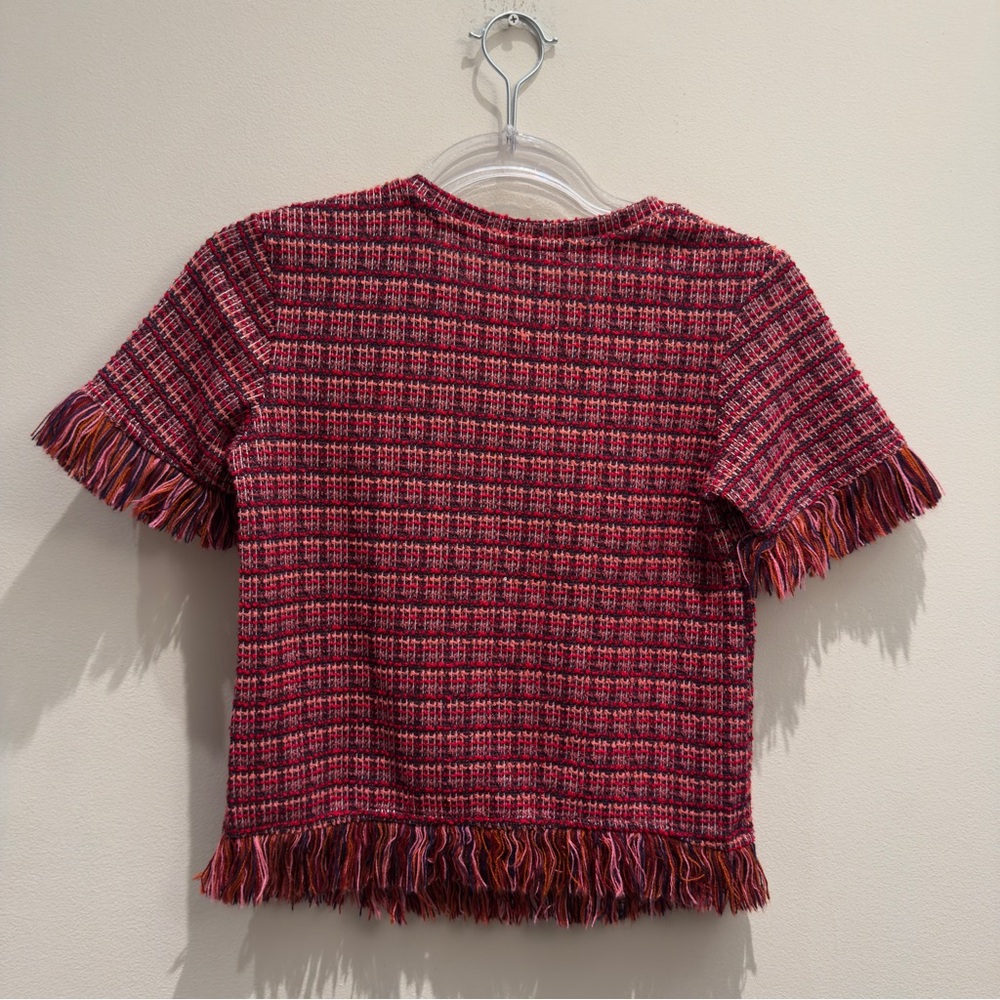 Zara Red and Blue Fringed Tweed Short Sleeve Top Size Small Women’s - Picture 5 of 11